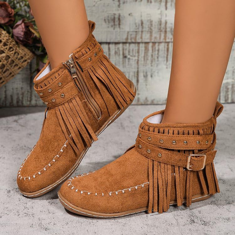 Women's Western Cowboy Boots, Tassel Faux Suede Booties Retro Comfortable Flat Round Toe Fringe Buckle Strap Ankle Boot Low Heel Slip On Short Boots Winter Snow Shoes for Ladies2