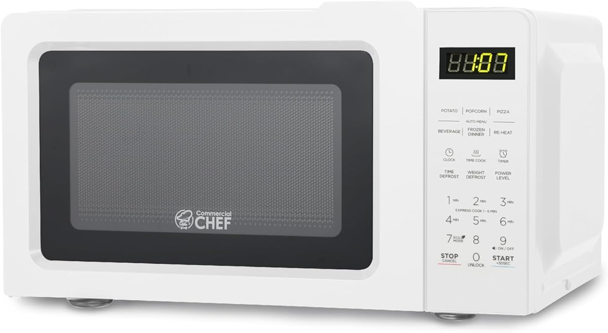 COMMERCIAL CHEF 0.7 Cubic Foot Microwave with 10 Power Levels, Small Microwave with Pull Handle, 700W Countertop up to 99 Minute Timer and Digital Display, White