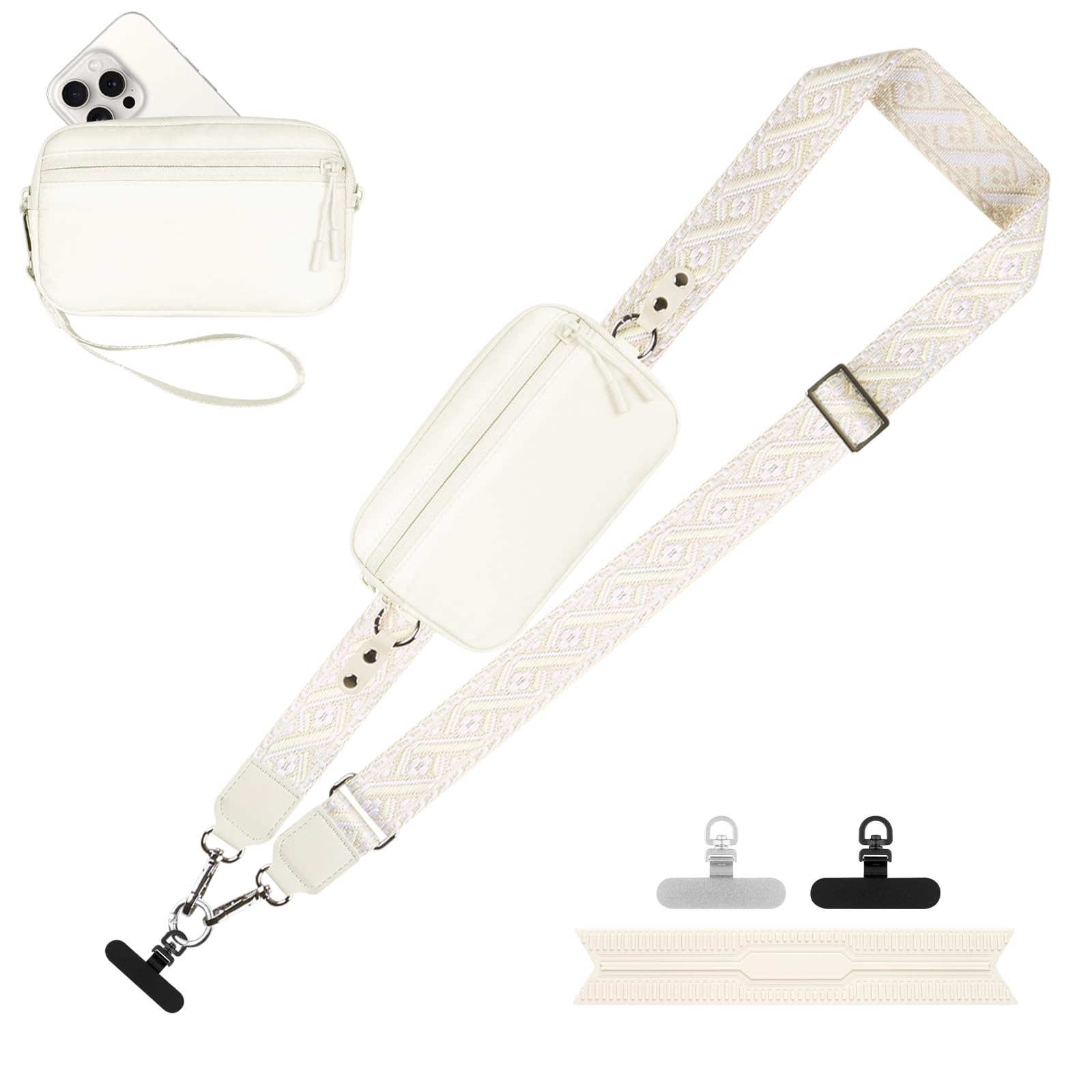 YFWE Clip and Go Strap for Phone with Wallet Crossbody, Adjustable Phone Lanyard with Detachable RFID Wristlet Wallet, Pattern Strap - Cream (L)