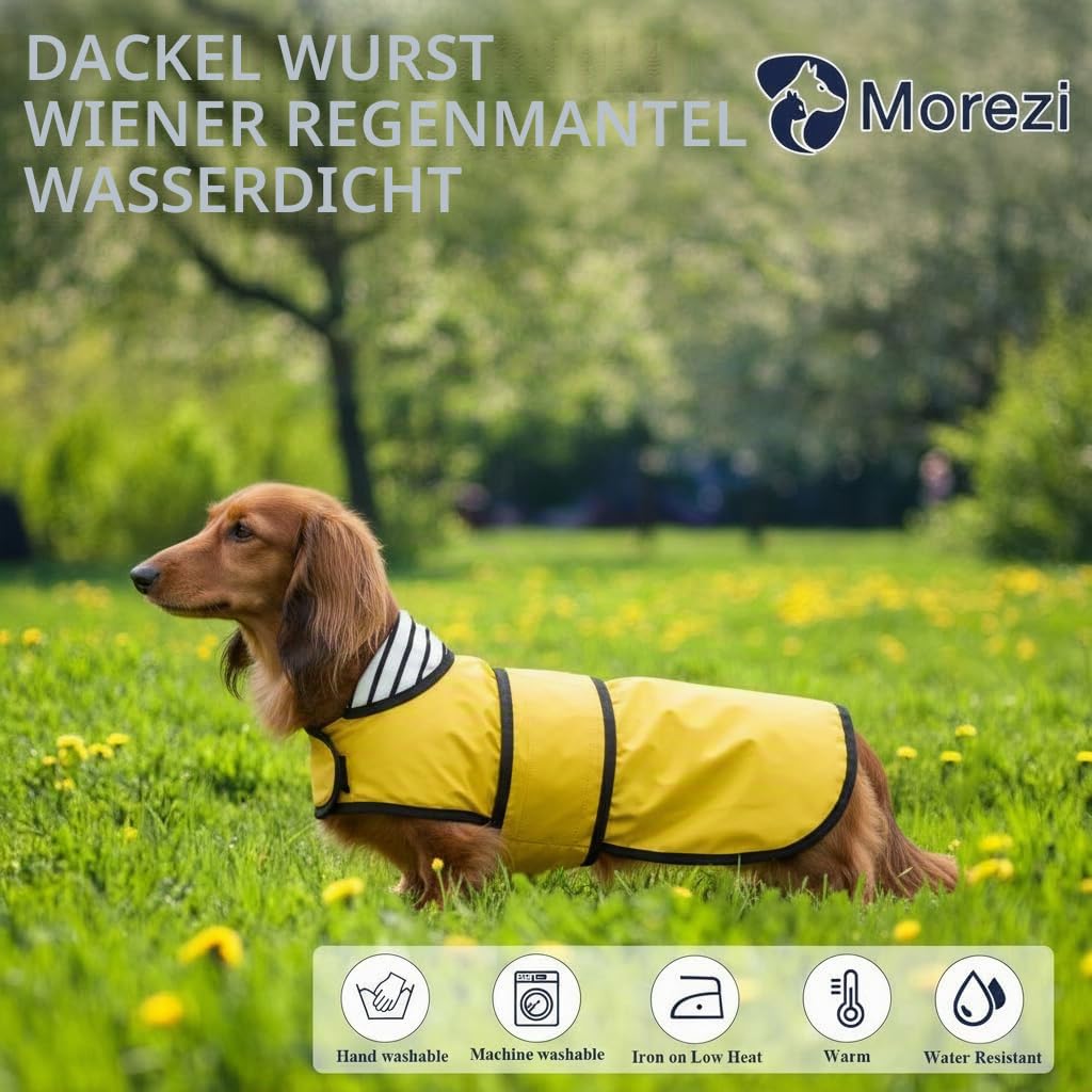 MOREZI Hunderegenmantel mit Reflexstreifen, Regen-/wasserdicht, verstellbare Weste, geeignet für kleine und mittelgroße Hunde wie Dackel-Gelb-M