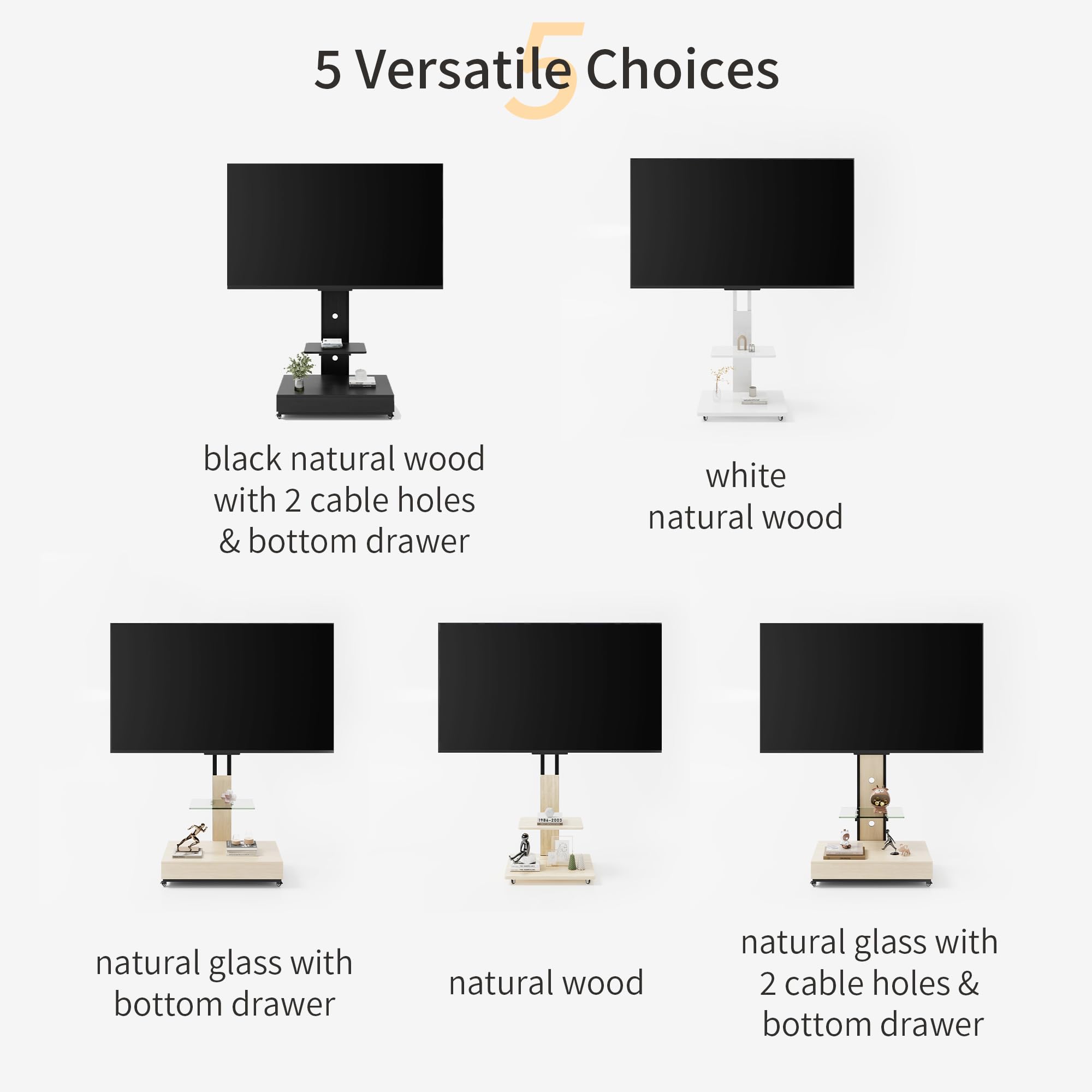 Rollender TV-Ständer mit Ablage für 32-75 Zoll LCD LED OLED Plasma Flach/Curved Panel Bildschirme, TV-Wagen für Wohnzimmer, Schlafzimmer, Büro, Holzregal, Weiß