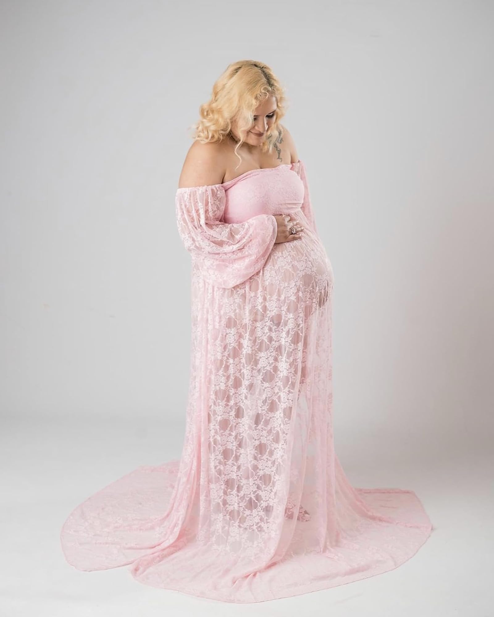 Saslax Weiche, dehnbare Spitze, schulterfrei, doppelt geteilter A-Linien-Rock, Umstandskleid, Schwangerschaftskleid, Maxikleid für Fotoshootings