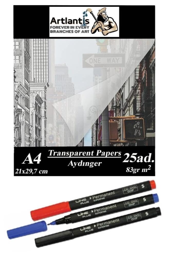 Aydınger Kağıdı A4 83 g 25'li 1 Paket Eskiz Kağıdı Lineplus Asetat Kalemi S 0.3 Siyah Kırmızı Mavi