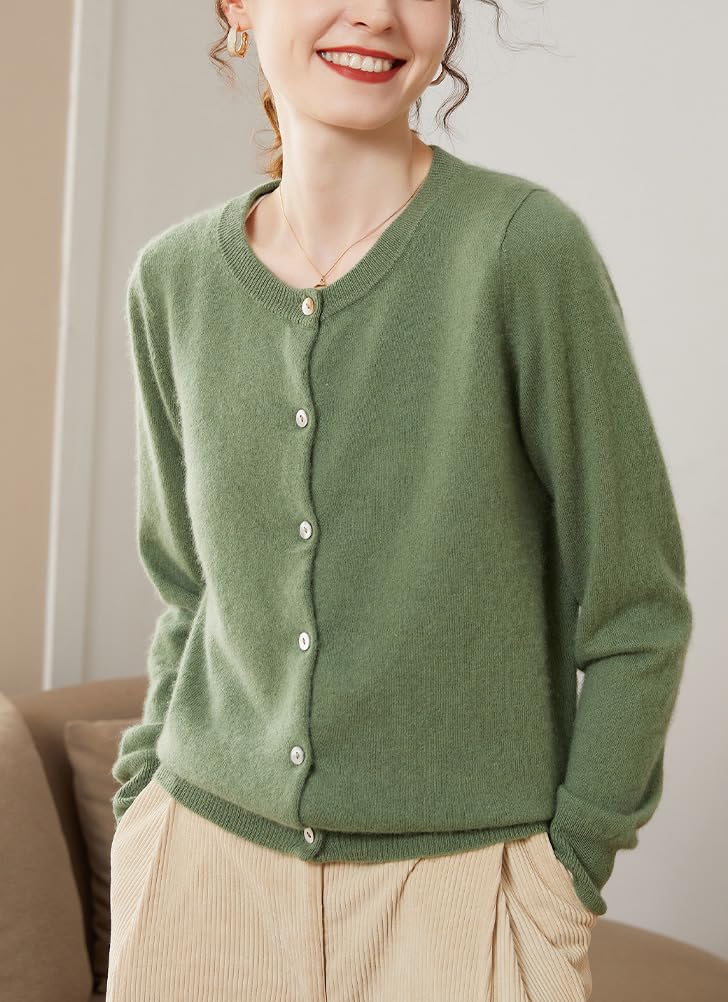 Valin Chaqueta de punto de cuello redondo de cachemira para mujer, verde, 46 | Mezcla de lana de cachemira, cuello redondo, hombro caída, tira de botones, corte holgado, punto liso, suave, uso diario