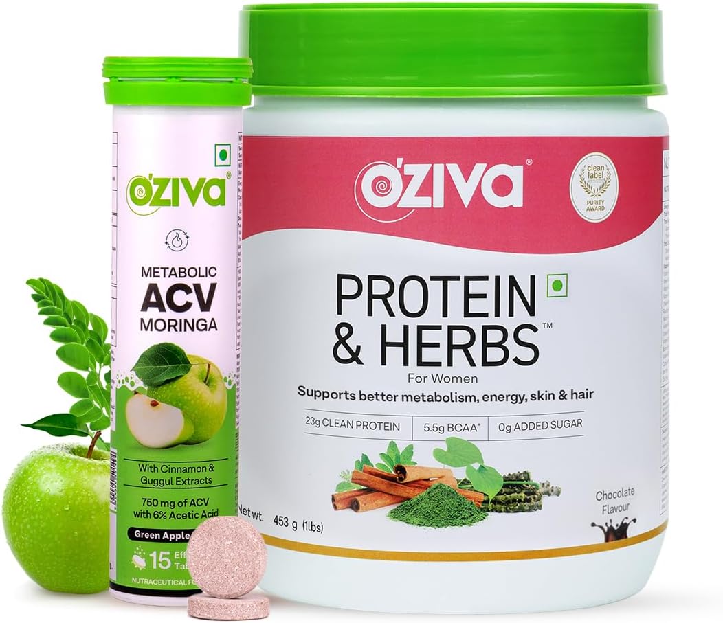 Protein & Herbs For Women (Chocolate) To Reduce Body Fat, Manage Weight 1Lbs And Acv Moringa For Weight Loss | 3-In-1 Fat Oxidation Formula, 15 Effervescent Tablets (Green Apple)