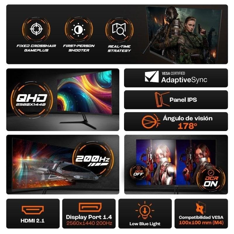 PcCom Elysium Pro Monitor Gaming 27 Pulgadas QHD 2560x1440 Fast IPS 200Hz 1ms MPRT AdaptiveSync HDR, HDMI 2.1, DisplayPort 1.4, Compatible VESA para PC y Consolas