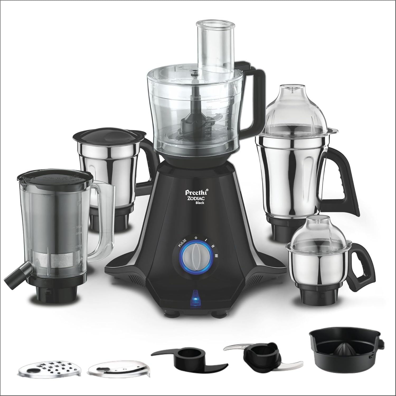 Preethi Zodiac Black MG-261 Mixer Grinder with Food Processor | *** Improved & upgraded version of MG-218*** | 750 Watt | 5 Jars (3 Stainless Steel Jars + 1 Juicer Jar + 1 Master Chef Plus FP Jar)