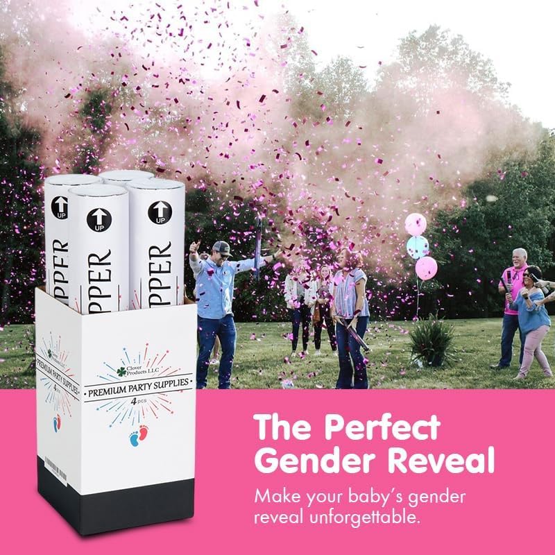 Clover Products Premium Gender Reveal Powder Cannon - 4-pak zawiera 2 niebieskie i 2 różowe | 30-centymetrowe zatrzaski ujawniające płeć | Zasilane sprężonym powietrzem | Każde pudełko zawiera DARMOWY