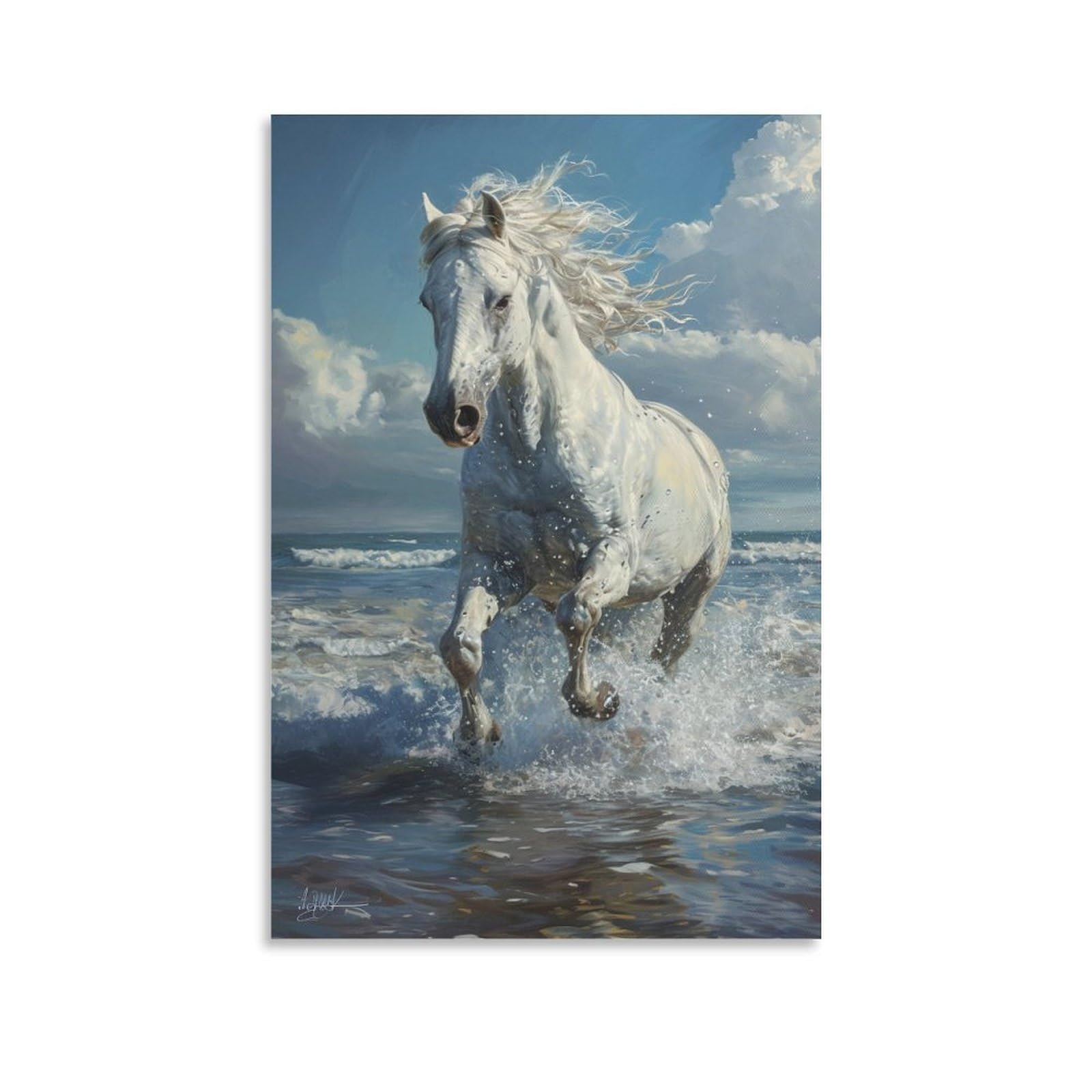 Amazon.co.jp: 絵画 浜辺を走る白い馬 アートパネル ポスター 動物