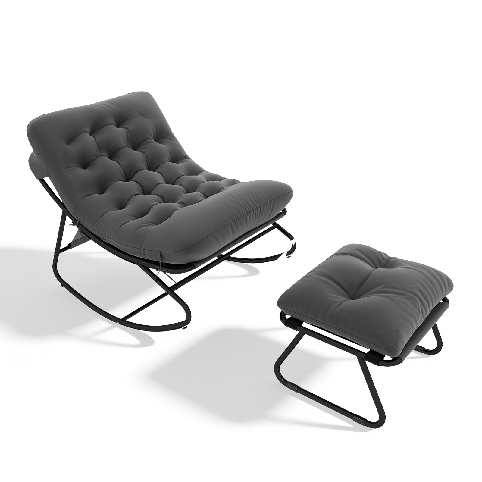 Aoxun Schaukelstuhl mit Hocker für Erwachsene, Schaukelliege Wetterfester Relaxstuhl aus Metall für Hof, Garten, Balkon, maximale Belastung von 160kg, Schwarzgrau