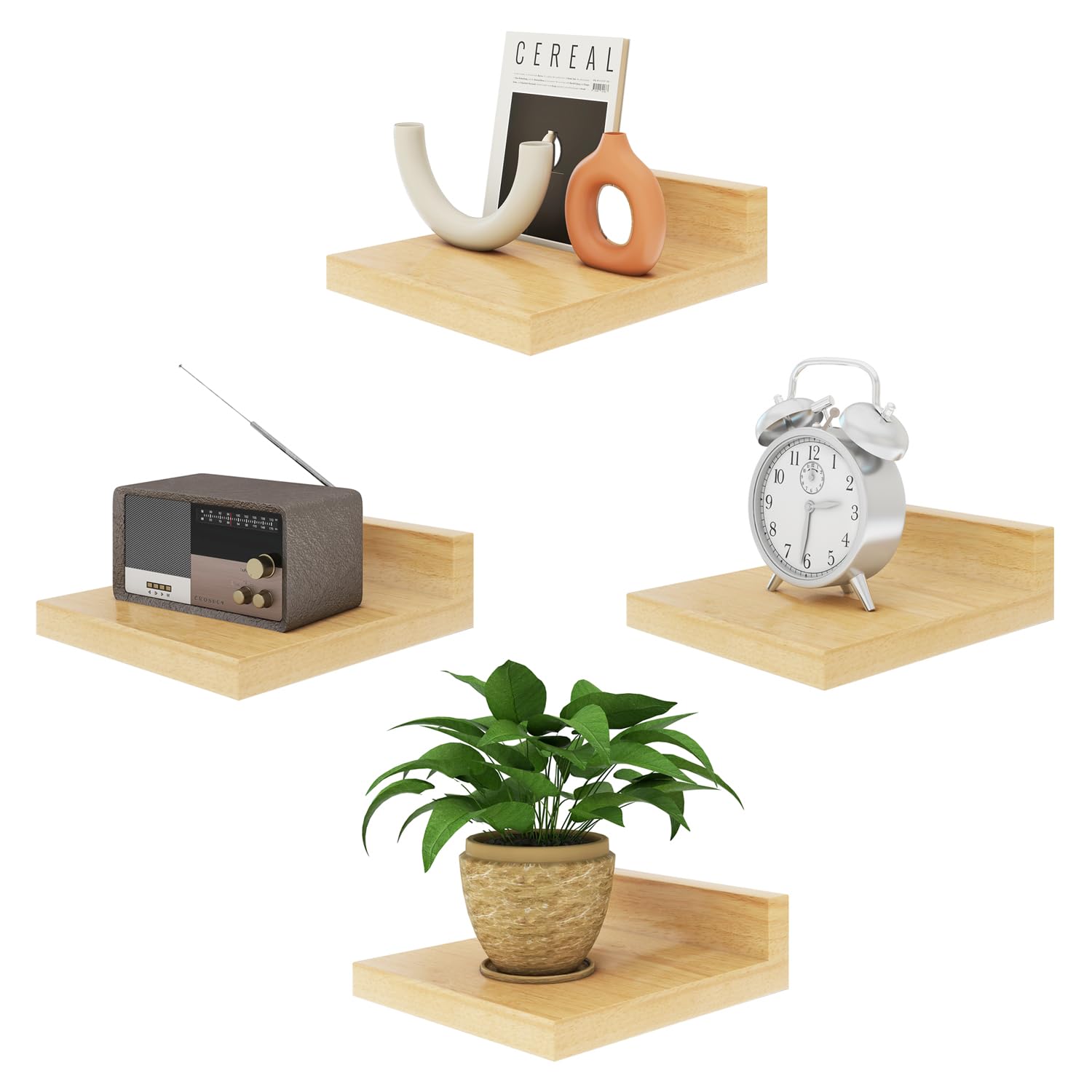IBUYKE Estante flotante pequeño, estante de pared de madera, juego de 4, estantes de exhibición, estante colgante para dormitorio, baño, cocina, madera natural RF-GB505N-4