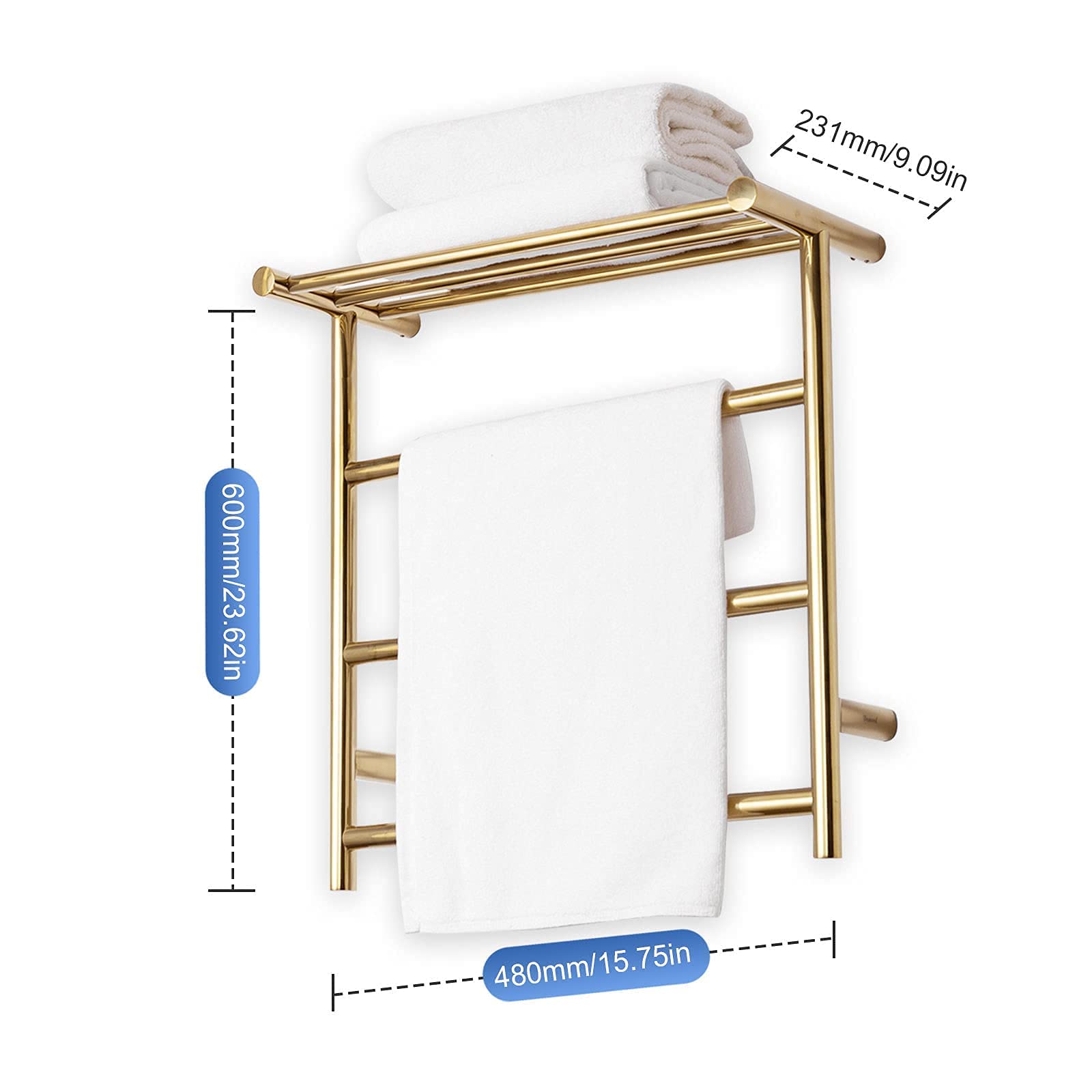 Radiador toallero eléctrico de Pared de Acero Inoxidable con Estante para baño, Color Dorado, 3 Barras (Plugin)