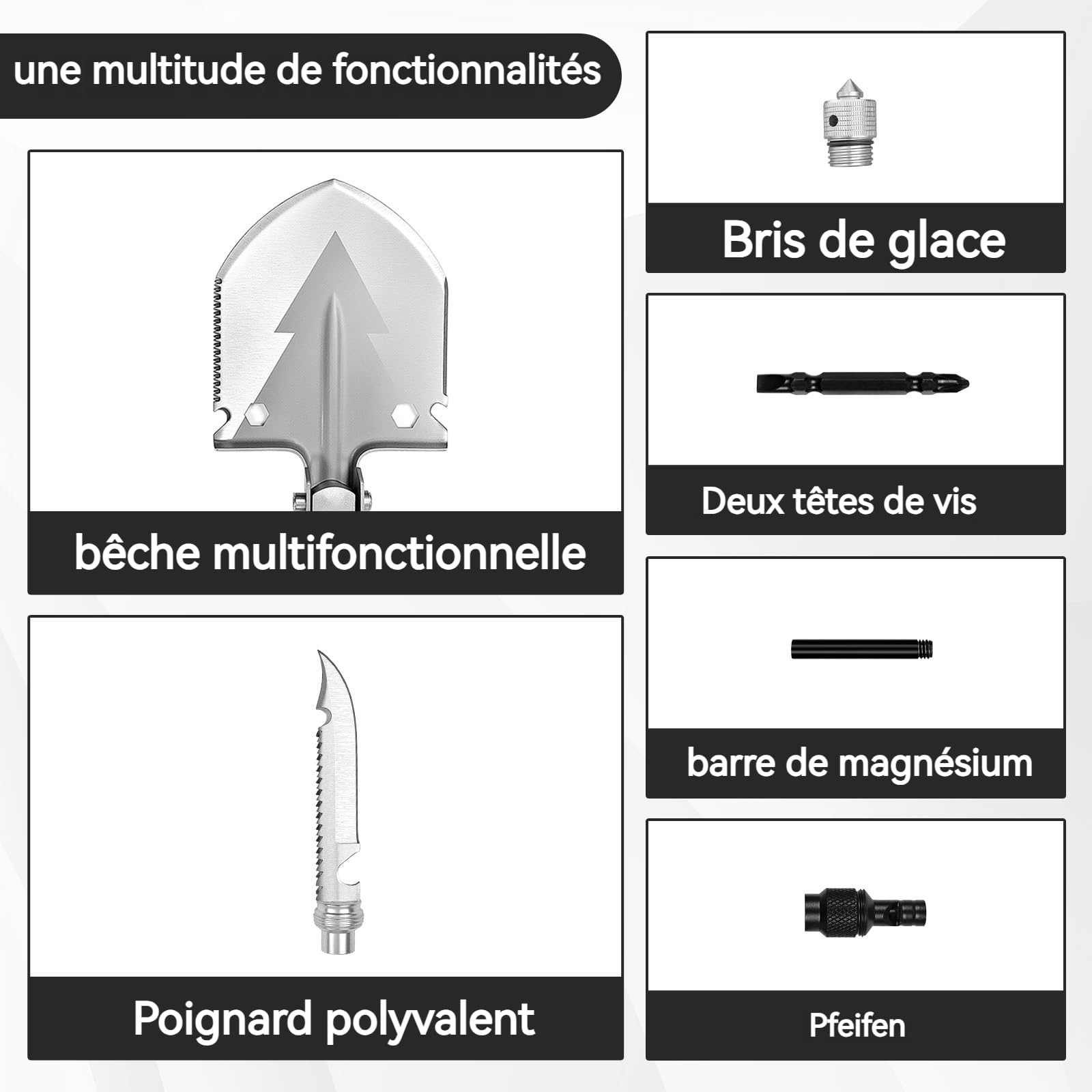 Pelle Pliante en Acier Carbone Haute résistance, Pelle de Survie Polyvalente, Pliable à 180 degrés pour Le Camping, Le Jardinage, la Plage, Le pelletage et Le déneigement (détachable)