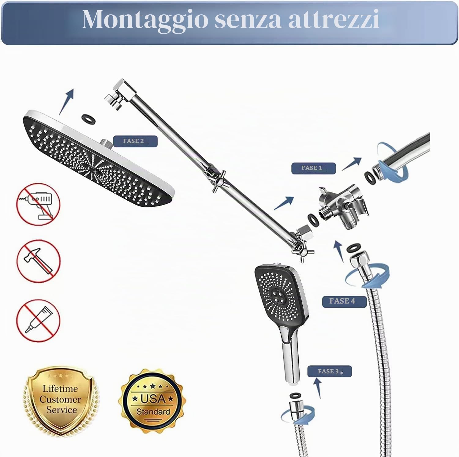 Soffione doccia a pioggia da 30,5 cm con doccetta e braccio di estensione, soffione doccia a cascata ad alta pressione, doppio soffione con deviatore a 3 vie, altezza/angolo regolabile (cromato)