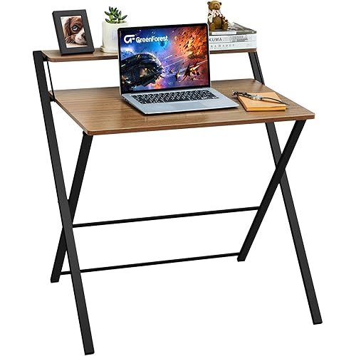 GreenForest Small Folding Desk No Assembly Required, Fully Unfold 27.3 x 22 inch 2-Tier Portable Computer Desk with Shelf Space Saving Foldable Table for Home Office Bedroom Small Spaces, Espresso
