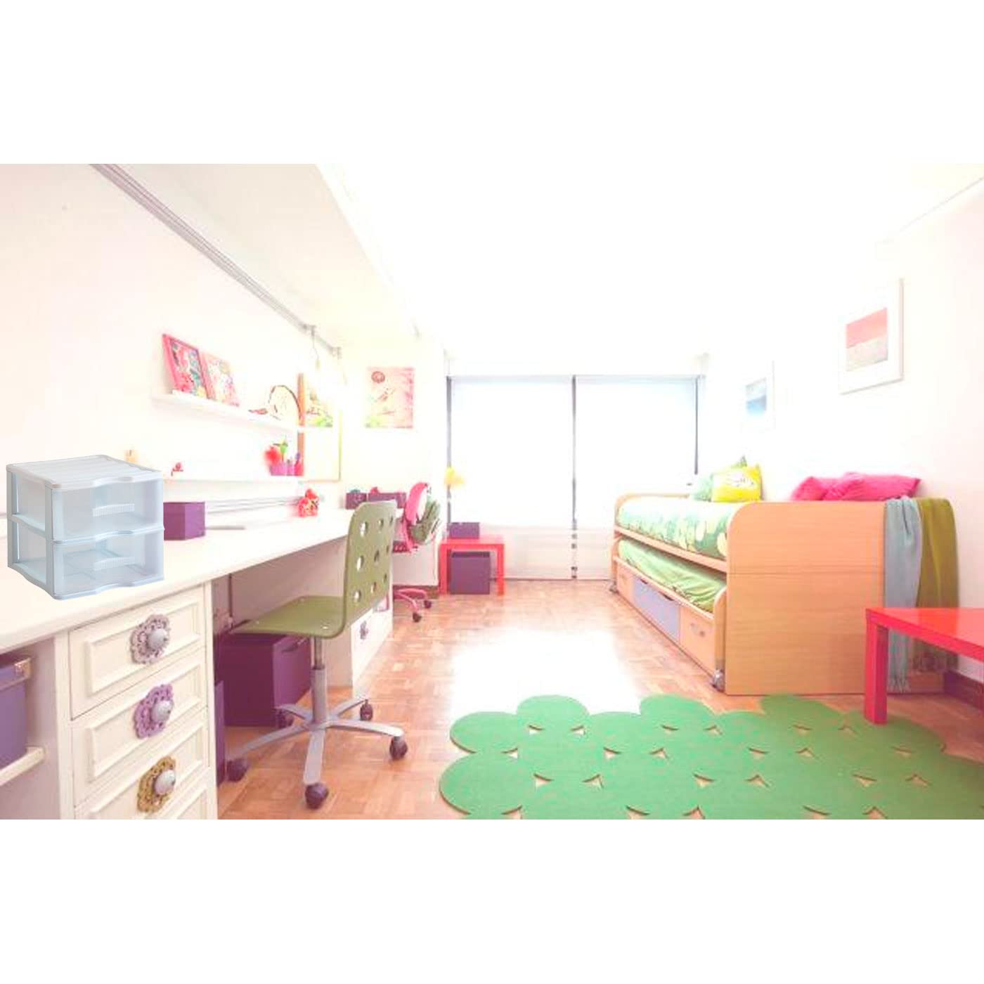 Acan Wagon - Cassettiera in plastica con 2 cassetti trasparenti, torre di stoccaggio, organizer ausiliario, armadio, bagno, ufficio (bianco, 32,5 x 36,5 x 38 cm)