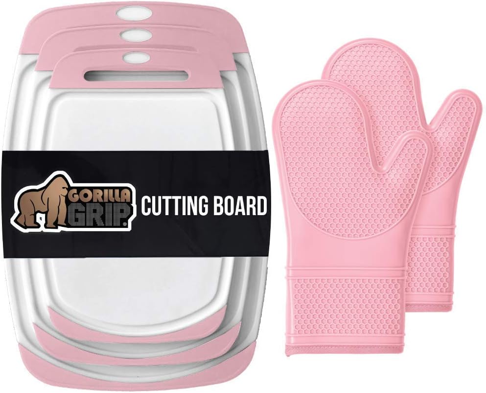 Gorilla Grip Cutting Board Set of 3 and Silicone Oven Mitts Set, Both in Pink Color, 2 Item Bundle
