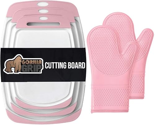 Gorilla Grip Juego de 3 tablas de cortar y guantes de horno de silicona, ambos en color rosa, paquete de 2 artículos