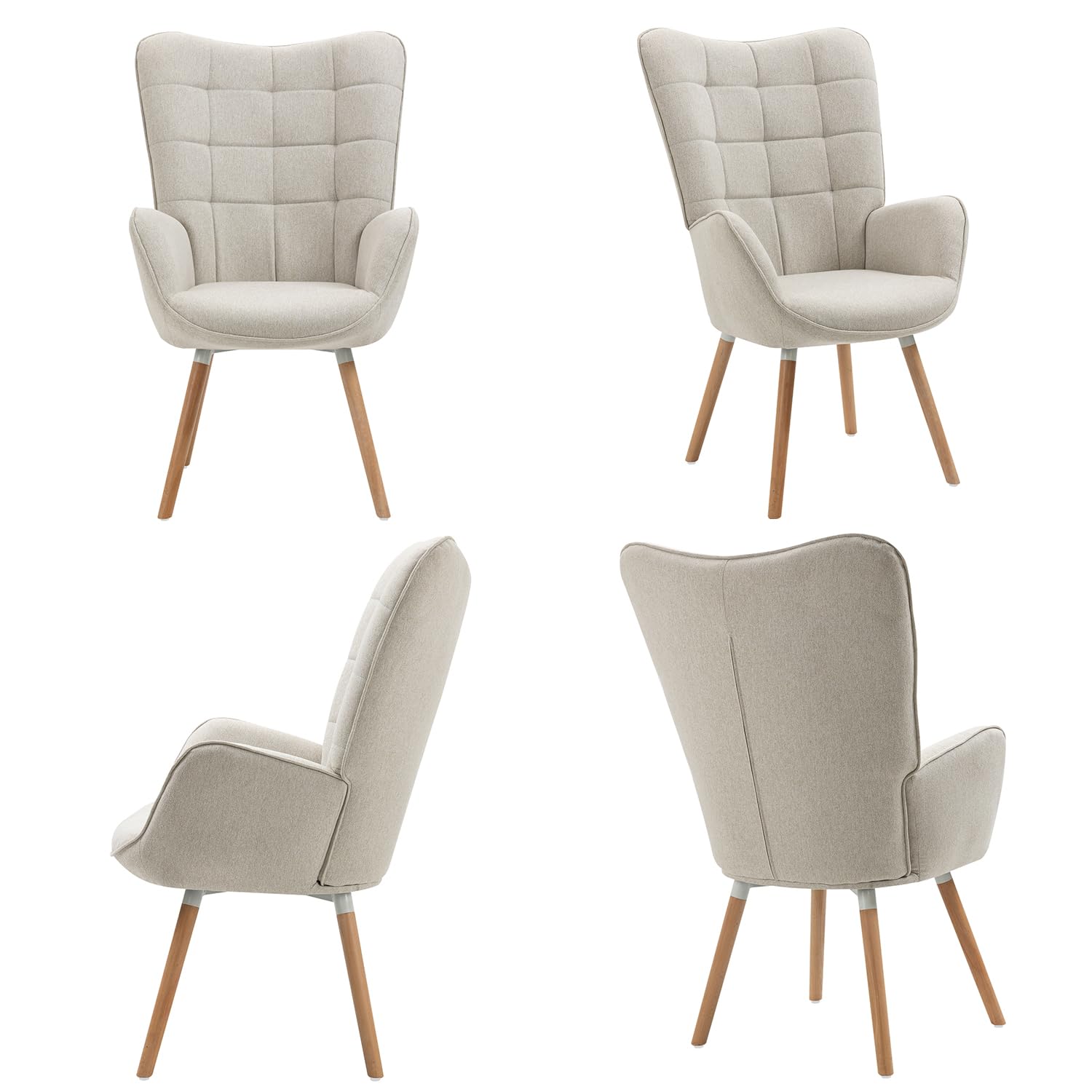 MEUBLE COSY, Beige Sedia da Ufficio Poltrona da Scrivania Imbottita Scandinavia con Braccioli in Tessuto con Schienale Alto Gambe in Legno per Studio, 66x71x106cm