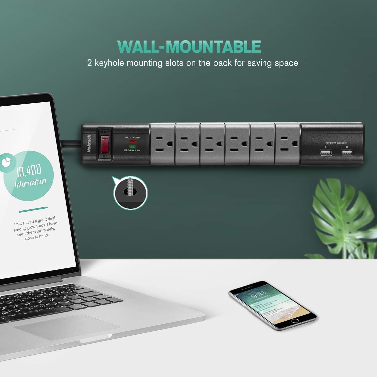 Blасk Frіdау - 50% оƒƒ Flat Plug Surge Protector, Nekteck Surge Protector Power Strip with 2 USB Port and 6 Rotating-Outlet, 590 Joule,15A 1800W 6ft Extension Cord, Wall-mountable Surge Protector for Home Office Hotel