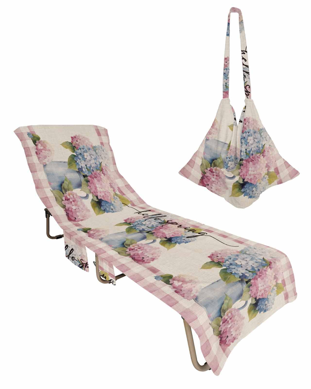 Pink Plaid Spring Floral Beach Lounge Chair Towel Cover, Soft Chaise Lounge Towel with Side Pockets Patio Pool Chairs Cover for Beach/Pool Sunbathing 29x85 Watercolor Summer Botanical
