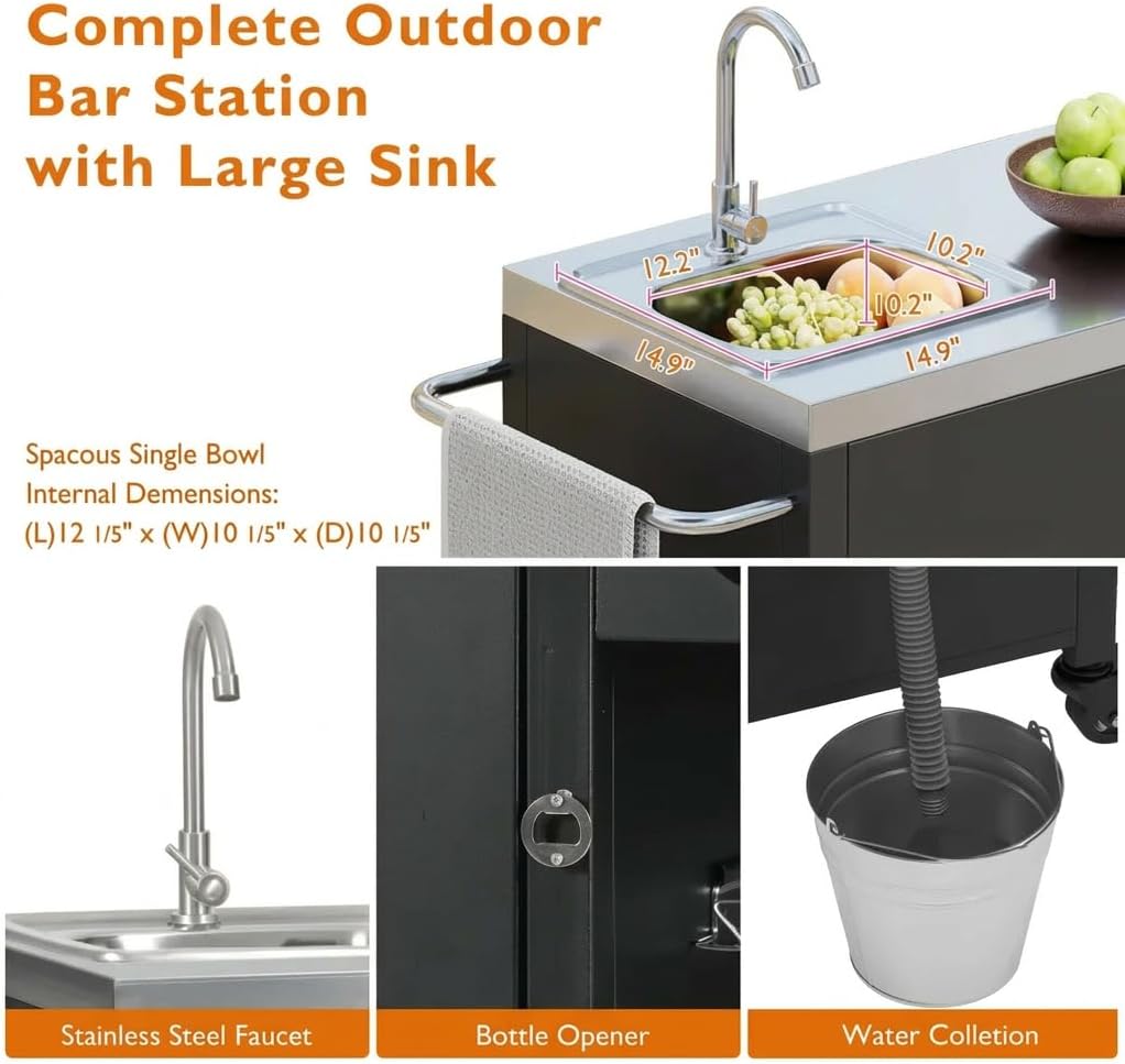 Casaphoria 55.5" Outdoor Kitchen Island with Sink, Stainless Steel BBQ Grill Cart & Pizza Oven Table, Portable Bar Station with Lockable Wheels for Patio Lawn Garden