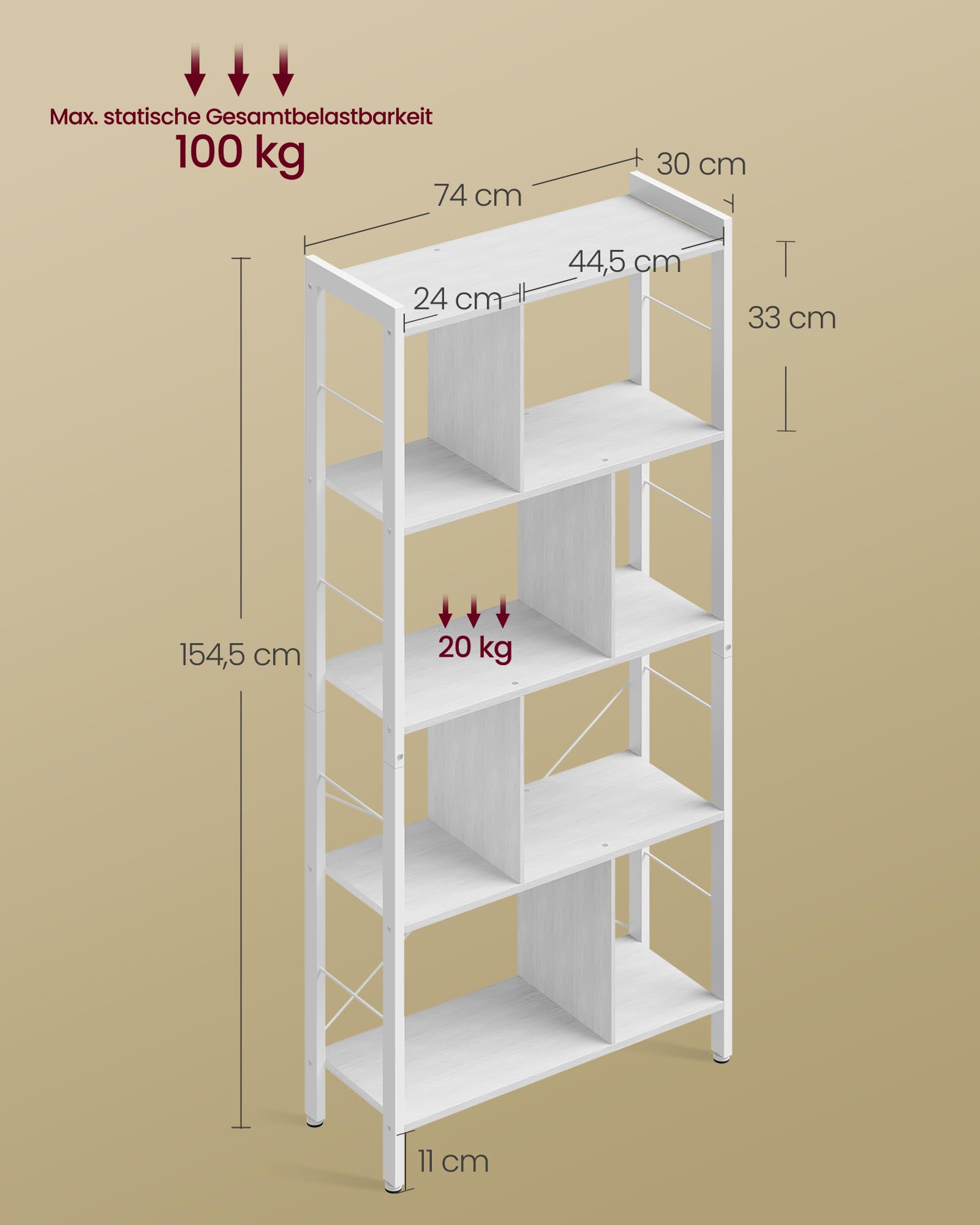VASAGLE Regal, Bücherregal, Büroregal mit 5 Ebenen, Standregal, Aufbewahrungsregal, groß, Metallgestell, ahornweiß-wolkenweiß LBC012W44