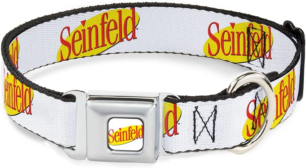Dog Collar Seatbelt Buckle Seinfeld Spotlight Logo White Yellow Red 16 to 23 Inches 1.5 Inch Wide