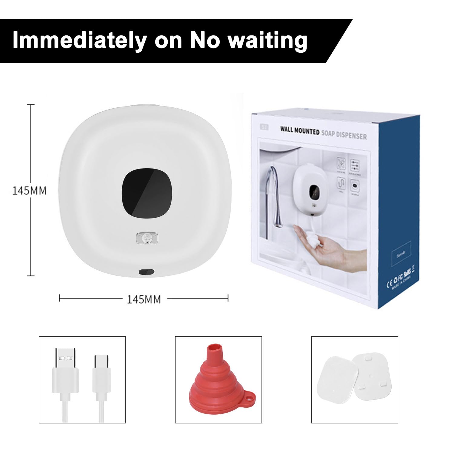 FREEUP Automatische zeepdispenser houtlook, schuimzeepdispenser met sensor 300 ml, wandmontage zonder boren, USB-oplaadbaar, shampoo, container voor keuken en badkamer, waterdicht, wit