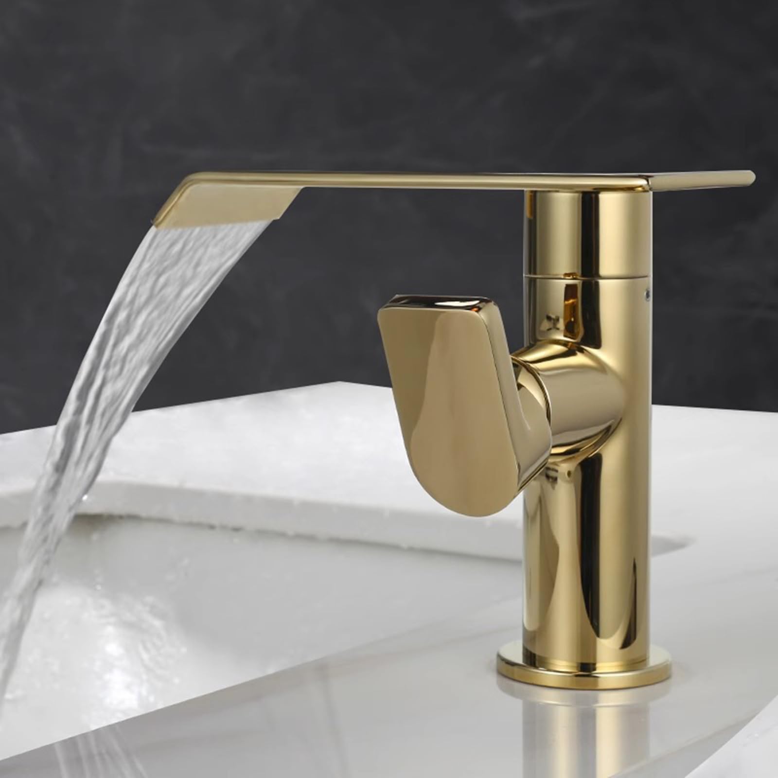 HCFYAUIS Bathroom Taps Mixer Waterfall 360° Rotation Deck Mount Taps for Bathroom Basin Copper,Gold,Short