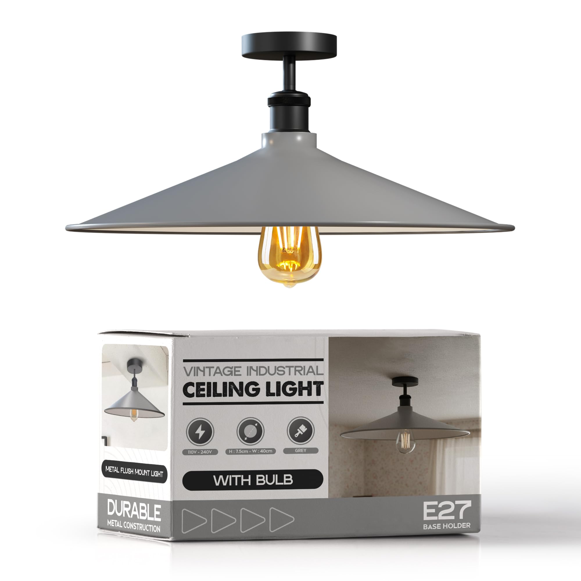 LEDSone Modern Semi Flush Mount Ceiling Light Fixture Metal Flat Shape 40cm Grey Shade E27 Base Pendant Lamp Chandelier LED Lights Fitting for Kitchen Bedroom Hallway Restaurant Hotel EPC A+