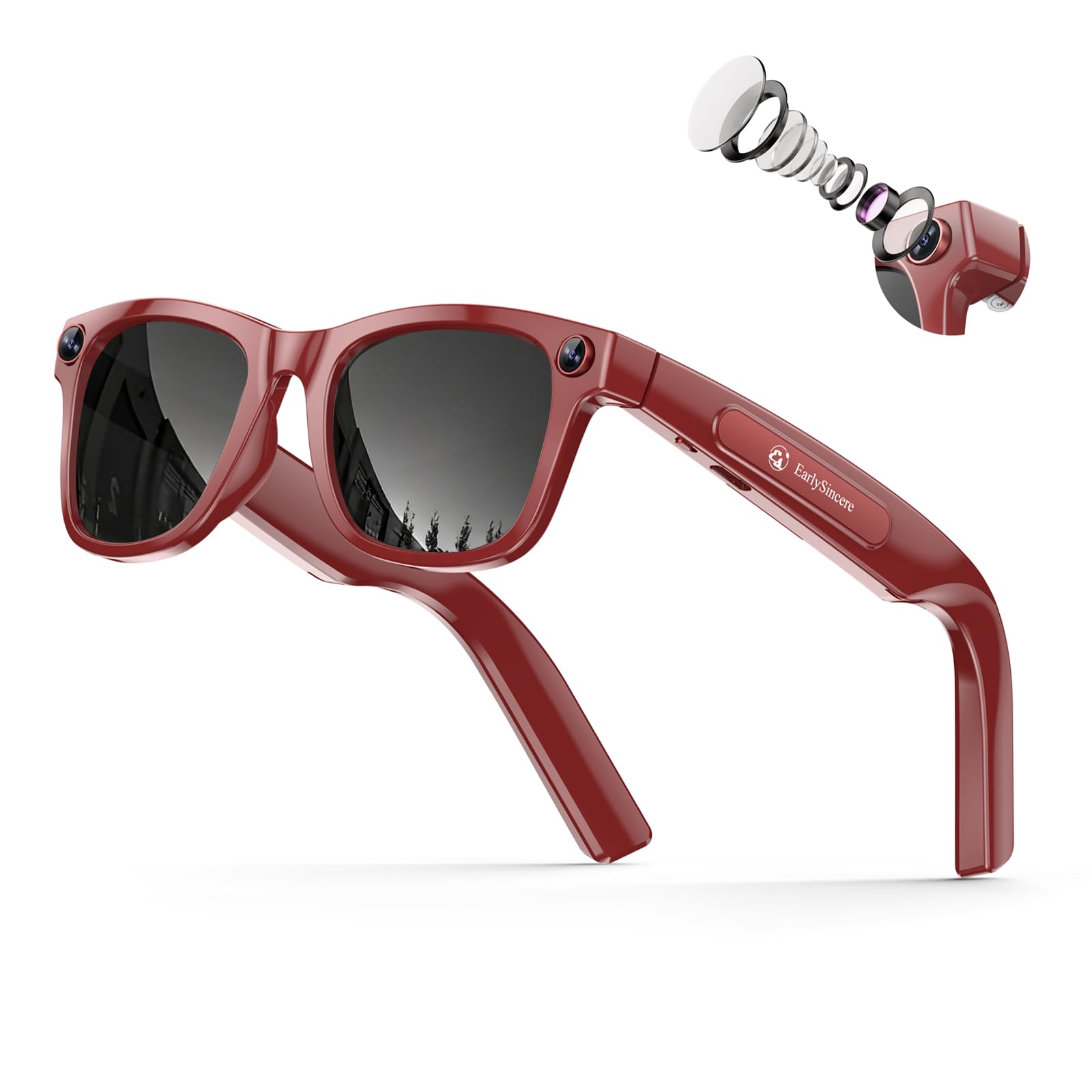 Photo 1 of EarlySincere 2026 Ai Smart Glasses for Men Women, 8mp 4k Hd Camera Glasses, 410mah Battery, Supports Photo/Video/Audio Recording, Ai Voice Control, Ai Glasses with Bluetooth Calling(Porto red)