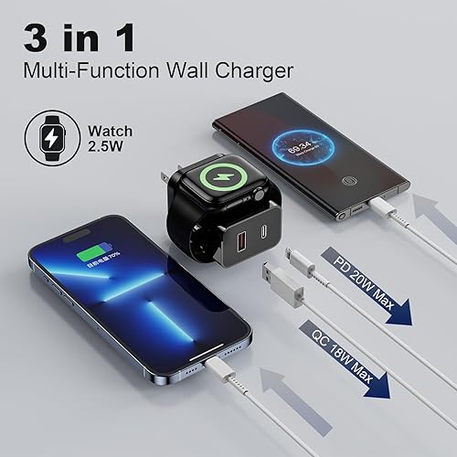 Miniatura 4 de QTHN Cargador de 20 W para Apple Watch, PD 3 en 1, cargador rápido portátil con carga inalámbrica magnética, doble puerto USB C, bloque de cargador