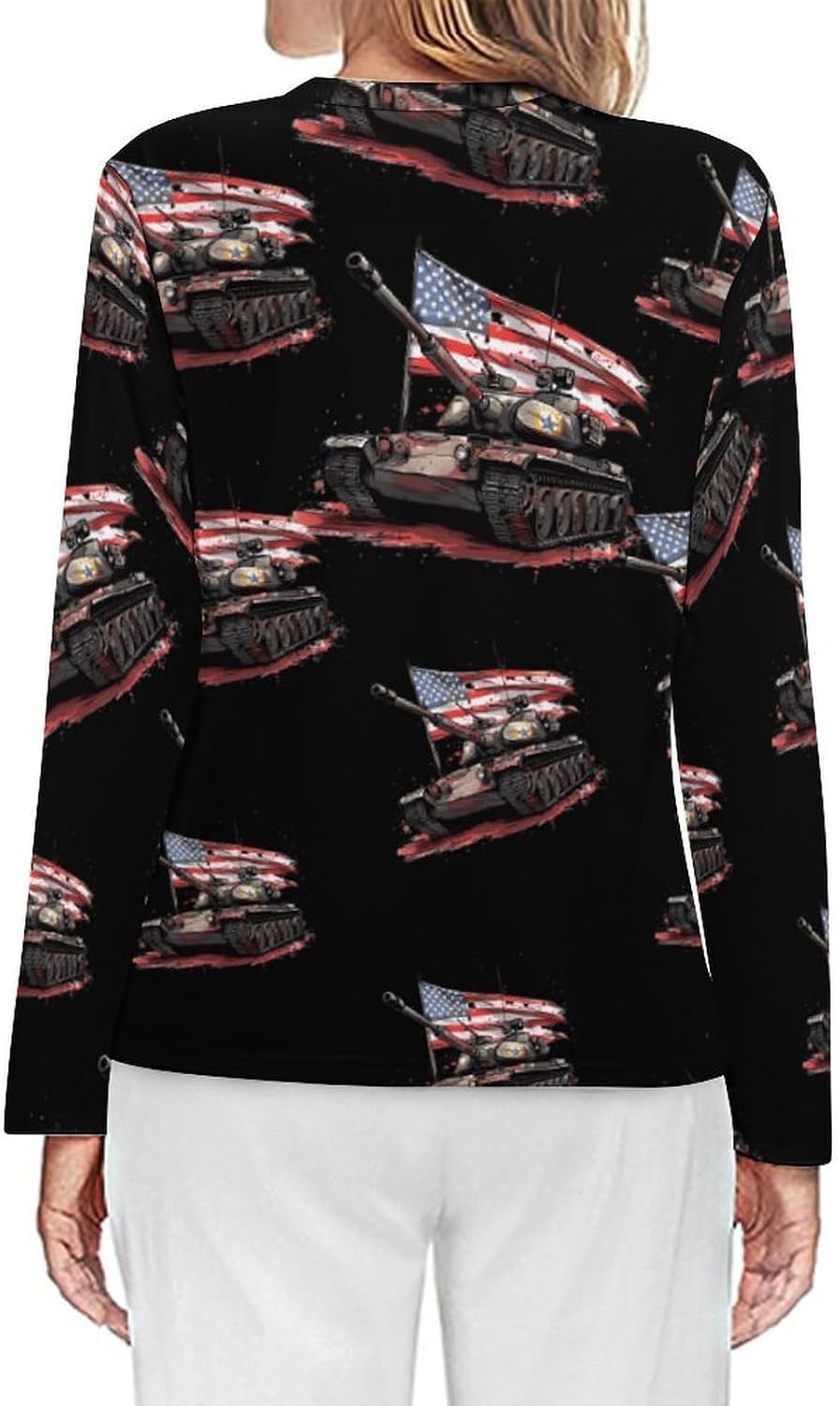 American Tank Flag Women's Pajama Top Sleepwear Pajamas Sleep T-Shirt Long Sleeve Shirt Crewneck Tee