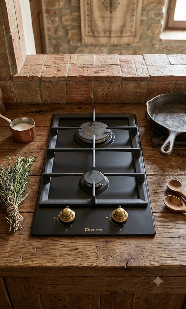 SOLTHERMIC BL152 PLACA GAS NEGRA RUSTICA CON MANDOS DORADOS/ANCHO 30 CM / 2 FUEGOS CON ENCENDIDO AUTOMATICO/PARRILLA HIERRO FUNDIDO