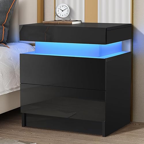 Hommpa Mesita de noche LED moderna negra con luces LED mesa auxiliar de cama LED mate de madera con 2 cajones de alto brillo para dormitorio 205