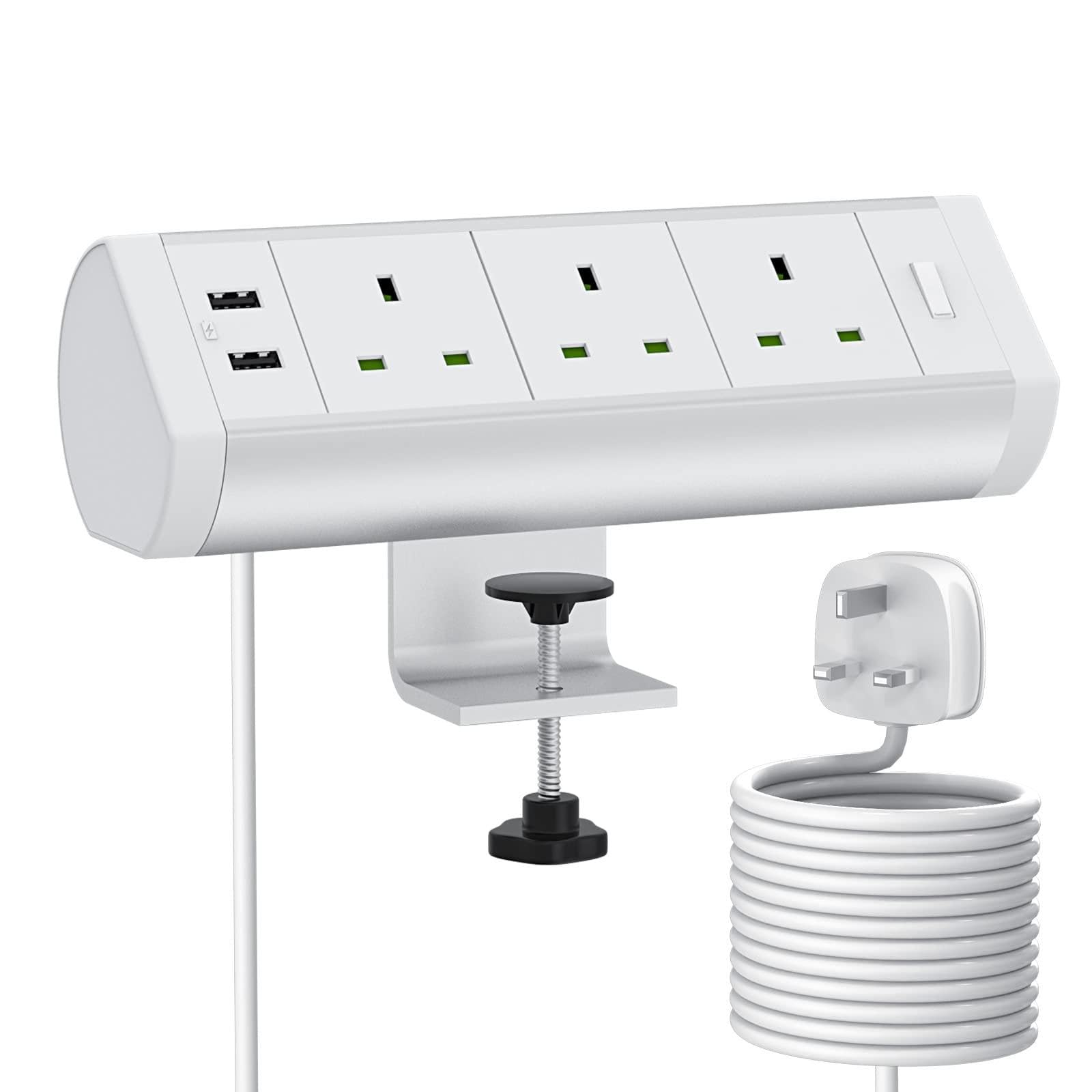 Presa di Alimentazione da scrivania, Presa Multipla in Alluminio con 2 Slot USB, prolunga da scrivania con Interruttore di Controllo, Supporto a Morsetto