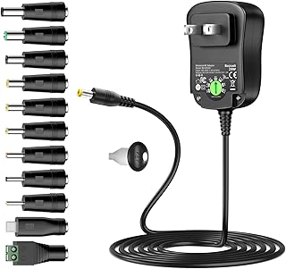 Basicvolt Universal AC/DC Adapter Multi-Voltage Switching Power Supply with 11 DC Tips for 3V 4.5V 5V 6V 7.5V 9V 12V Household Electronics - 2.0A 24Watt Max