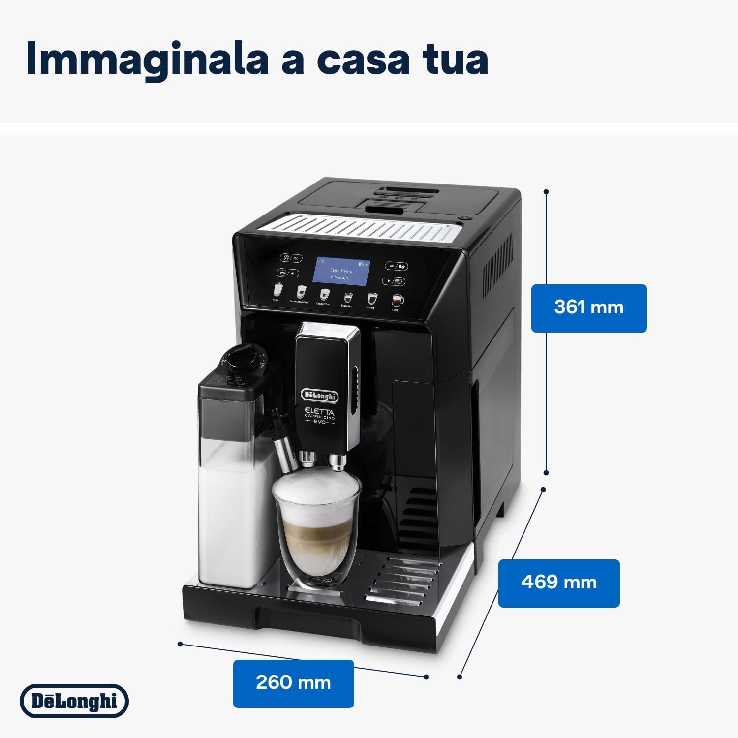 DeLonghi Eletta Evo ECAM 46.860.B macchina da caffè automatica, con sistema lattecrema, cappuccino ed espresso premendo un pulsante, display LCD e tasti sensori, 2 litri, colore nero           [Classe di efficienza energetica A]