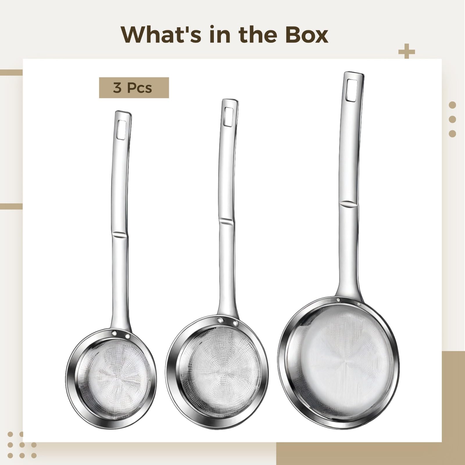 3 Stk. Feinmaschige Küchensiebe aus Edelstahl, Food Strainer zum Trennen von Öl und Schaum im Hot Pot, mit langem Griff, in 8 cm, 9 cm und 11 cm für viele Küchenaufgaben im Alltag