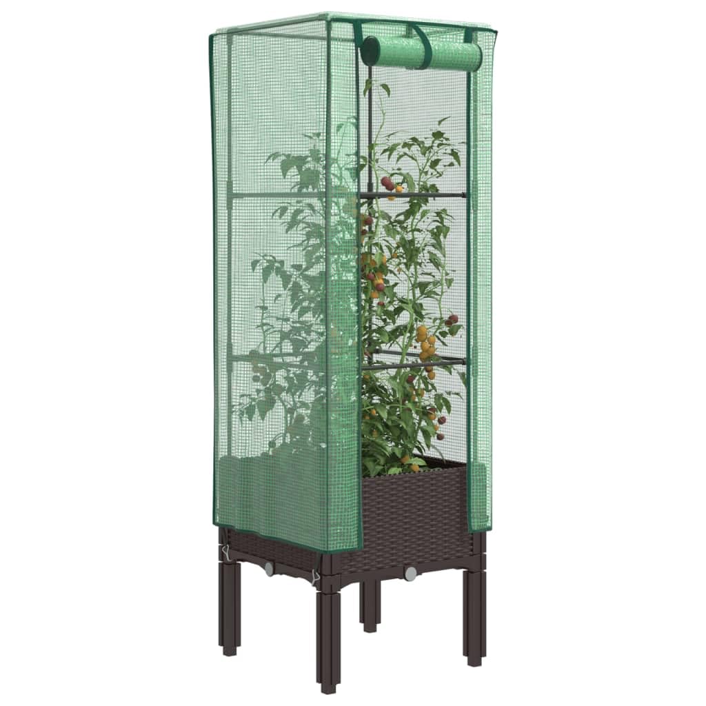 Jardinera con accesorio de invernadero en aspecto de ratán y casa de tomates con ventilación como práctico vivero para jardín y balcón