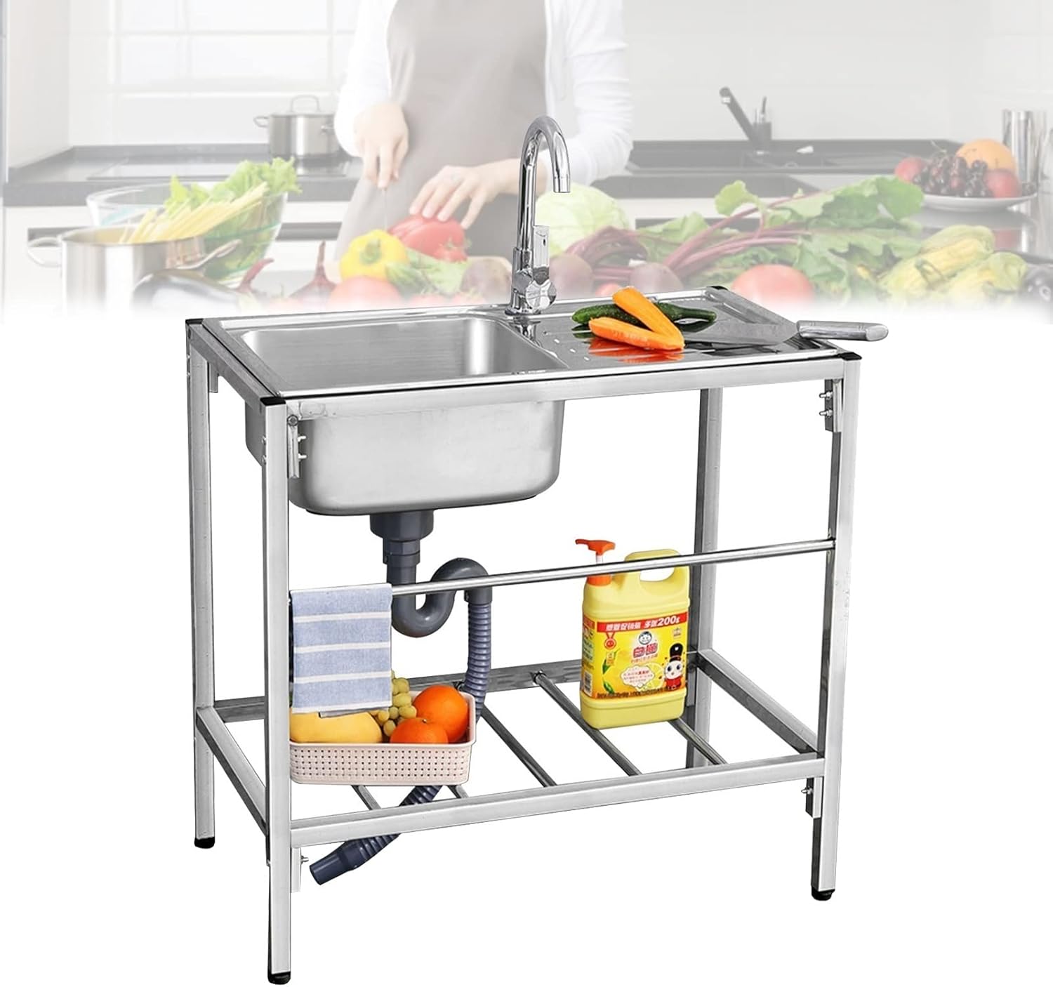 Free Standing Portable Utility Sink, Single Bowl Stainless Steel Commercial Kitchen Sink