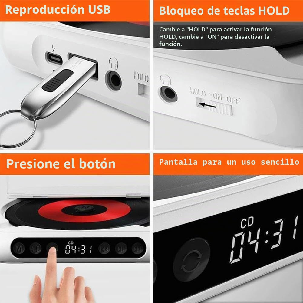 Reproductor de CD portátil con Bluetooth, altavoces Bluetooth 5.3, reproductor de CD retro de escritorio, reproductor de CD recargable para hogar/coche, compatible con CD/CD-R/CD-RW/MP3