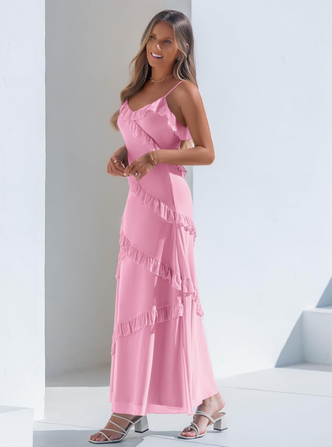 Women's Ruffle Tiered Wedding Guest Dresses Cami Mesh Maxi Dress Gown Cocktail Party Club Casual Summer Sundresses - Image 5