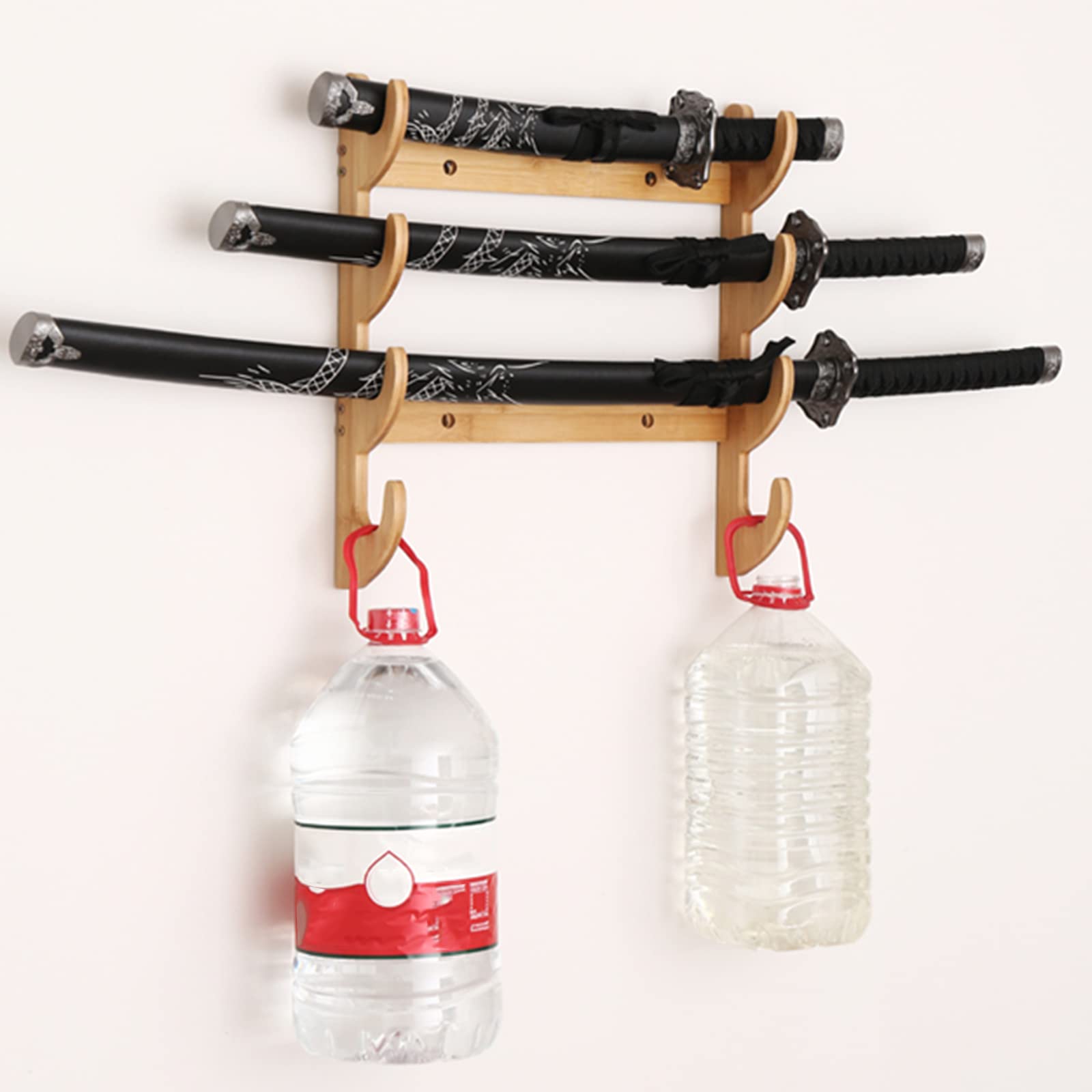 Sword Wall Mount 10-Tier Wooden Katana Sword Display Stand - Floor Standing Samurai Sword Rack (Holds 10 Swords + 5 Knives) Master Sword