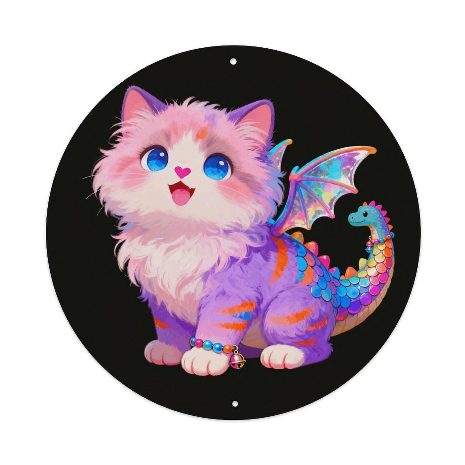 LZQPOEAS Dragon Cat Round Aluminum Wall Art Sign, Metal Indoor Wall Decor with Holes, Durable Circular Aluminum Plaque for Home, Bar, Cafe, Living Room, And Office Decoration