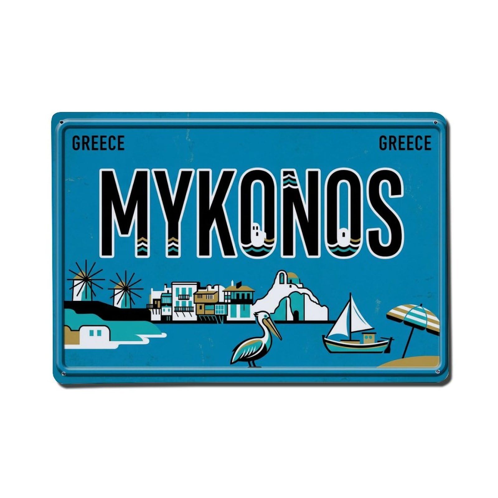 Vintage Travel Mykonos Greece Windmill Beach Metal Tin Sign