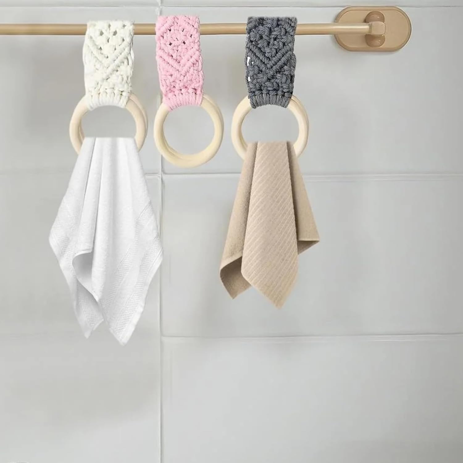 3 Pcs Macrame Towel Ring Set, 11 X 3.1 in Cotton Rope Towel Holder for Bathroom and Kitchen, Rustic Wall Decor, Beige, Gray,