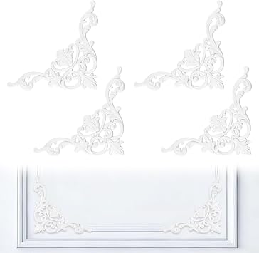 INCREWAY 4PCS White PVC Corner Wall Molding 20cm Hollow-Out Design French Style Medallion, Wainscoting Accent Panel for Ceiling Cabinet Door Bed Furniture