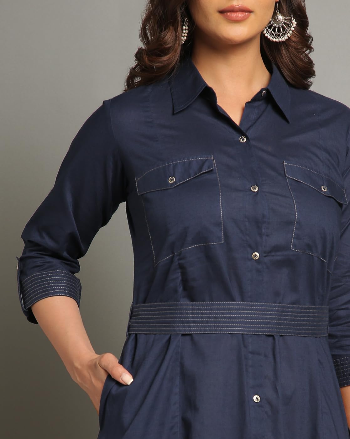 Tissu Women's Navy Blue Pure Cotton Fit & Flare Tie-Up Dress - Image 5